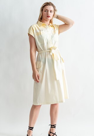 VINTAGE 70S PASTEL YELLOW MIDI DRESS WITH SIDE POCEKETS