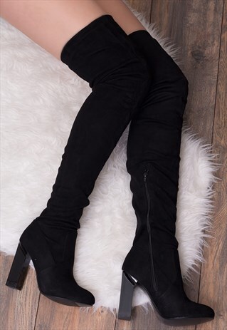 ELIANNA ZIP BLOCK HEEL THIGH BOOTS - BLACK SUEDE STYLE