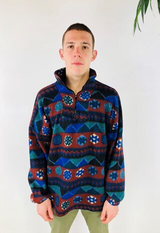RED GREEN AND BLUE PATTERN QUARTER ZIP FLEECE