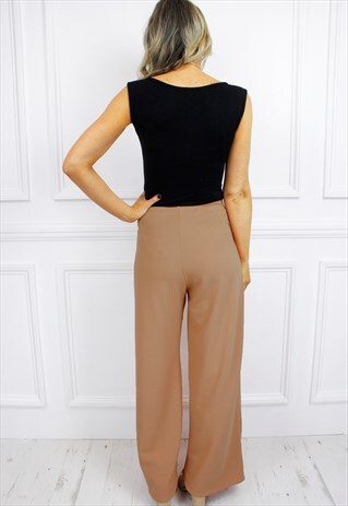 BEIGE HIGH WAISTED TIE BOW PALAZZO PANTS FLARED TROUSERS