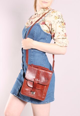 VINTAGE 80S TAN LEATHER SATCHEL CROSS BODY BAG
