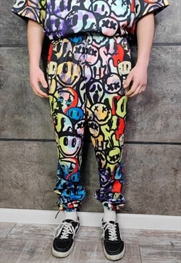 Emoji print joggers handmade raver pants smile overalls