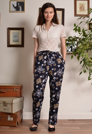 VINTAGE 80S FLORAL ELASTICATED WAIST TAPERED LEG TROUSERS