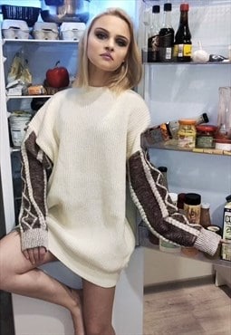 Cable knitwear sweater Y2K stitched sleeve jumper cream