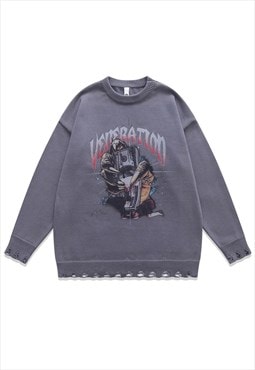 Monster sweater knitted distressed money print jumper grey