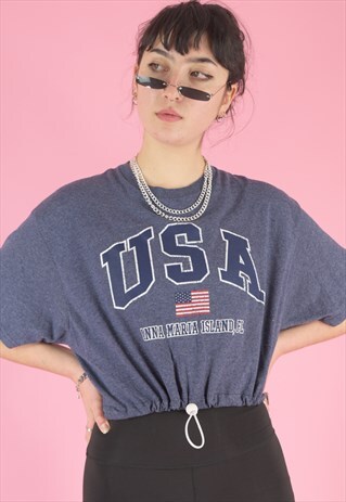 VINTAGE 90S REWORKED CROP TOP IN BLUE WITH USA PRINT