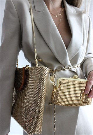 VINTAGE REVIVAL 70S LEATHER GOLD METAL MESH HANDBAG & PURSE