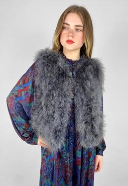 Vintage Ladies Grey Feather Sleeveless Gilet Jacket Coat