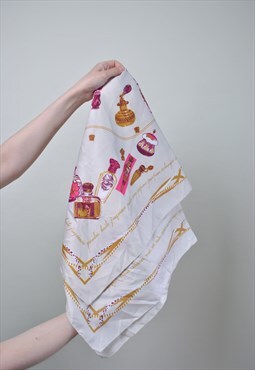 White luxury shawl, 90s gold print hair scarf, vintage 1990s