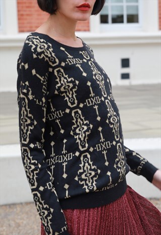 METALLIC GOLD TRIMS FAIR-ISLE PRINT SOFT WOOL BLEND JUMPER