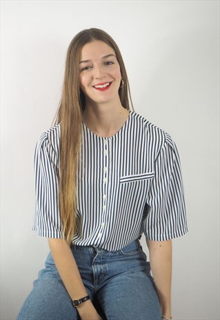VINTAGE STRIPE COLLARLESS SHIRT