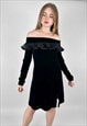 80'S BLACK RUFFLE VELVET OFF SHOULDER LADIES EVENING DRESS