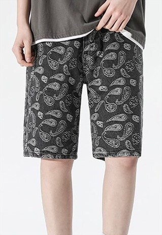 BLACK PAISLEY PATTERN DENIM SHORTS