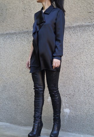 BLACK LOOSE SHIRT TUNIC OVERSIZED TOP BLOUSE DRAPED F1598