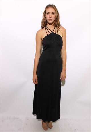 VINTAGE 1970S HALTER MAXI DRESS BLACK BACKLESS GOWN S-M