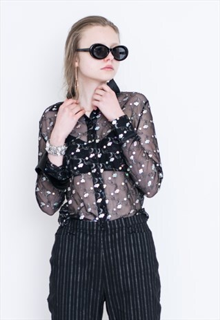 VINTAGE BLACK SEE THROUGH PATTERNED LONG SLEEVE RETRO SHIRT