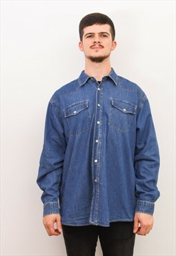 LE FROG Casual Vintage Western Men XL Blue Button Jean Denim
