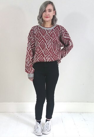 VINTAGE 90'S BURGUNDY AND GREY PATTERNED OVERSIZED JUMPER