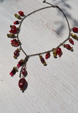 Deadstock burgundy red/gold beaded chain necklace.