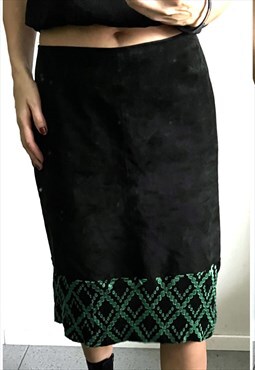 Suede Black Green Knee Length Boho Vintage Skirt Medium