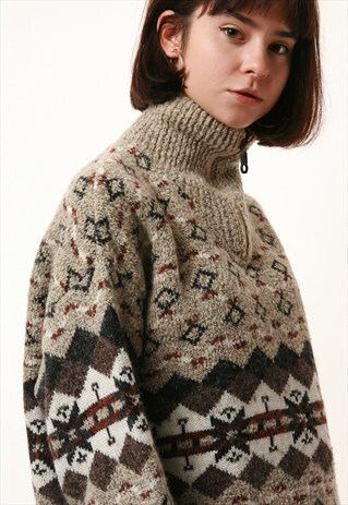 VINTAGE RARE PATTERN WOOL 1/4 ZIP KNITWEAR SWEATER 14212