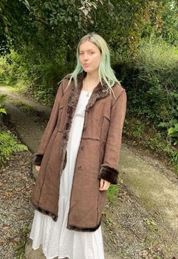 Vintage 90s Size large Faux Suede Duffle Coat in Brown