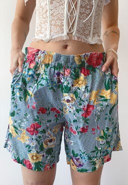 Vintage 90s Summer Blue Floral Mid Rise Beach Graphic Shorts