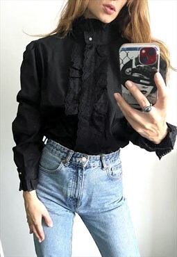 Trachten Victorian Style Goth Glam Black Ruffled Blouse L