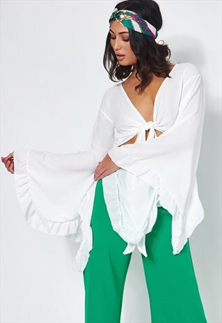 VALENTINA WHITE TIE FRONT WIDE SLEEVE CROP TOP