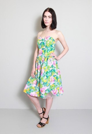 VINTAGE 1980'S COLOURFUL FLORAL SUMMER BANDEAU DRESS
