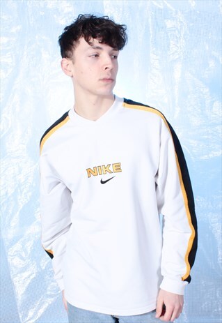 VINTAGE NIKE WHITE, BLACK AND YELLOW EMBROIDERED SWEATSHIRT