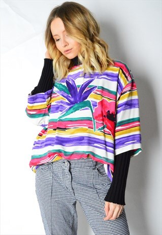 VINTAGE 80S COLOURFUL FLOWER COLLARLESS TOP