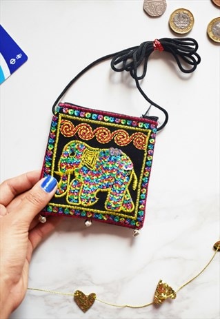 COIN PURSE WALLET SEQUINS EMBROIDERED ELEPHANT FABRIC DESIGN