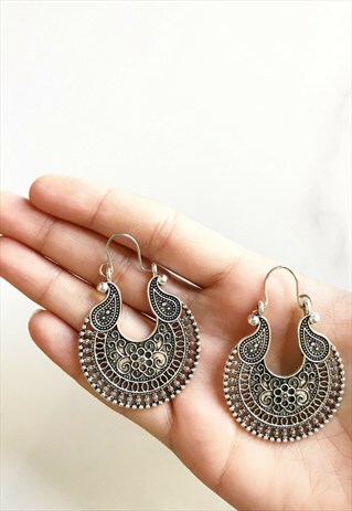 HOOP EARRINGS ETHNIC SILVER METAL BOHO KUTCHI DESIGN