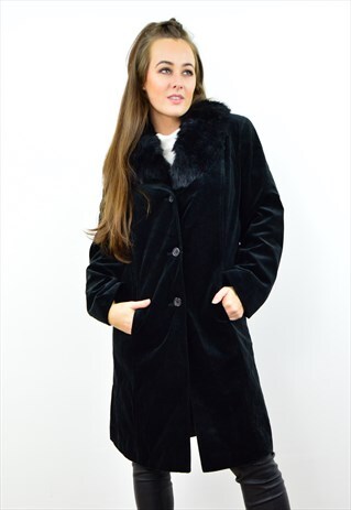 VINTAGE 90S BLACK VELVET FAUX FUR TRIM LONG LINE JACKET
