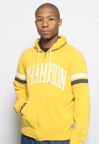 VINTAGE CHAMPION FULL ZIP LOGO SWEATSHIRT HOODIE YELLOW