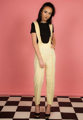70S VINTAGE HIGH WAIST LEMON YELLOW DUNGAREES ROMPERSUIT