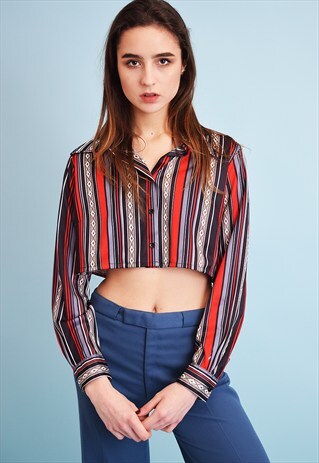 70'S MOD BOHO FESTIVAL ABSTRACT STRIPED PRINT CROP TOP SHIRT