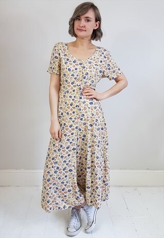 VINTAGE 90'S BEIGE AND BLUE FLORAL WIDE LEG JUMPSUIT
