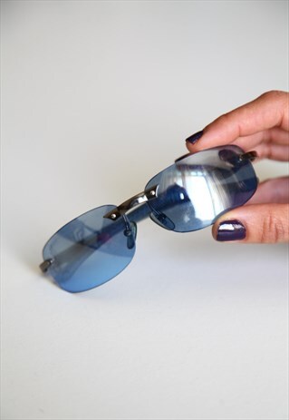 VINTAGE CHROME RIMLESS FRAME, BLUE LENSES