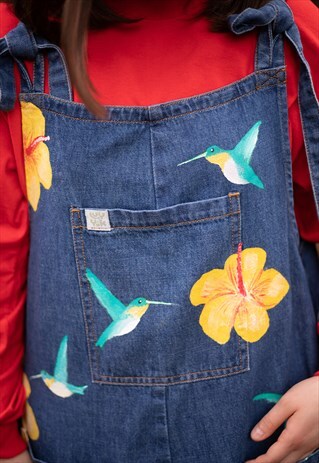HAND PAINTED ORGANIC HUMMINGBIRD DUNGAREES