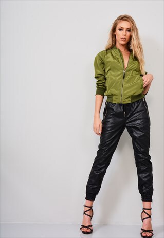 GREEN ZIP UP BOMBER JACKET WITH ELASTICATED WAIST
