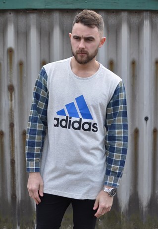90'S GRUNGE ADIDAS REWORK T WITH VINTAGE CHECK SHIRT SLEEVES