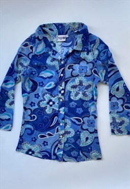 Funky Vintage Y2K Button Up Shirt Pattern Blue Floral