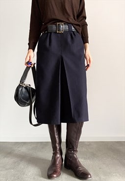Vintage wool pleated midi skirt in navy blue