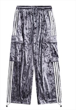 Velour joggers metallic trousers striped track pants silver