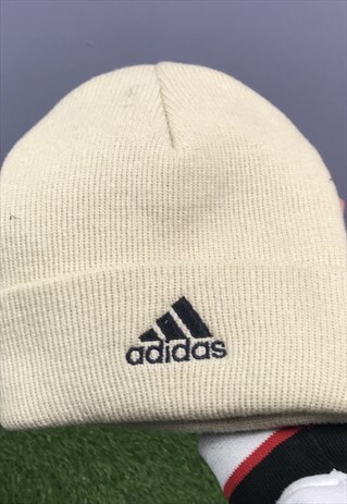 VINTAGE ADIDAS BEANIE HAT IN LIGHT BROWN BEIGE WITH EMBROIDE