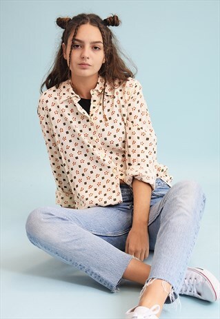 90'S GOES 70'S RETRO MOD PRINT NEUTRAL SHIRT BLOUSE