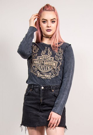 GREY HARLEY DAVIDSON FLAME LONG SLEEVE TOP T-SHIRT