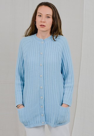 BLUE CARDIGAN RETRO SWEATER VINTAGE 80S JERSEY REGLAN SLEEVE